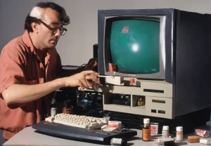A man dumping a vial of poison onto an '80s computer